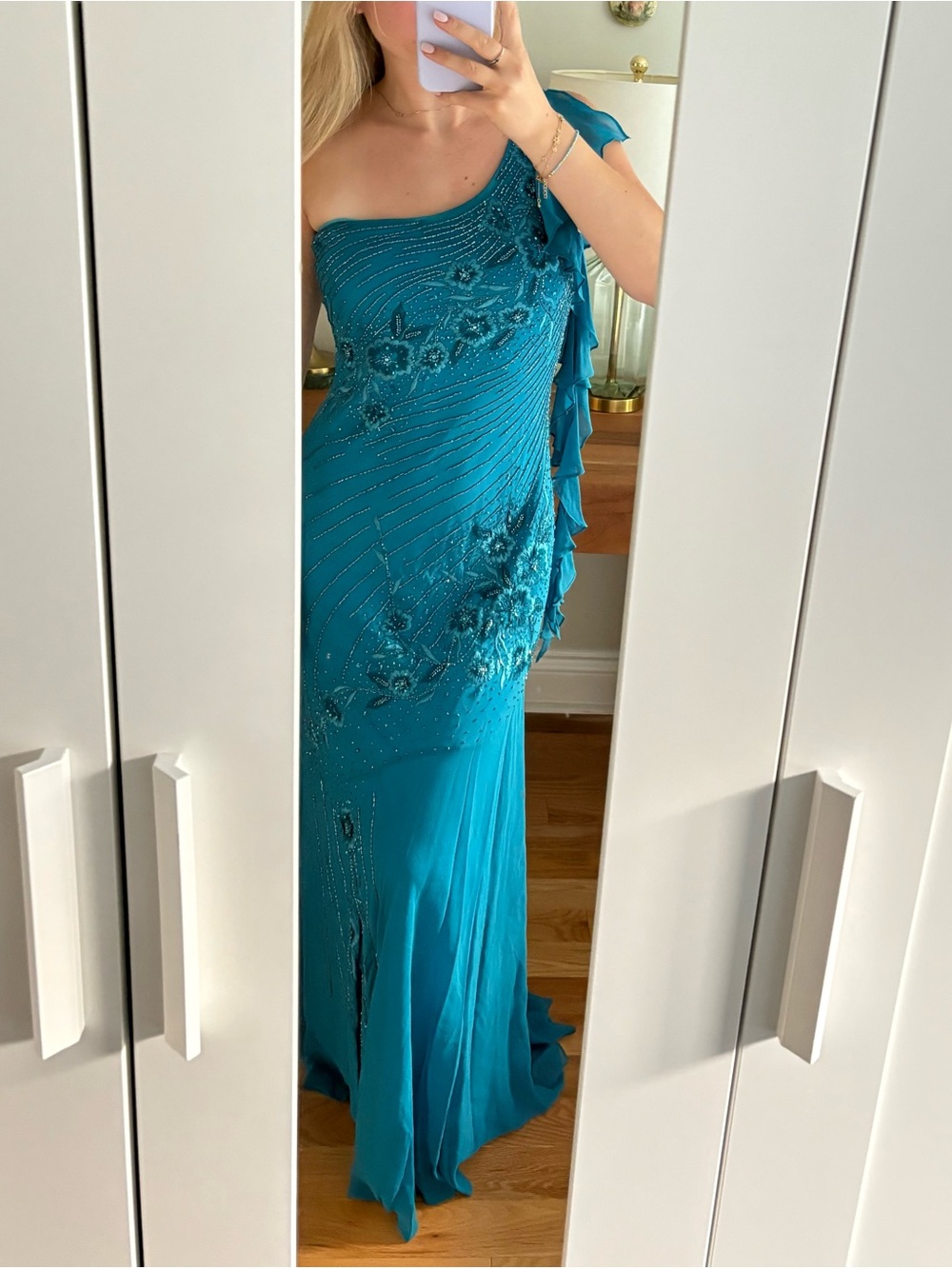 Vintage 1999 Sue Wong Nocturne One Shoulder Blue Silk Beaded Gown